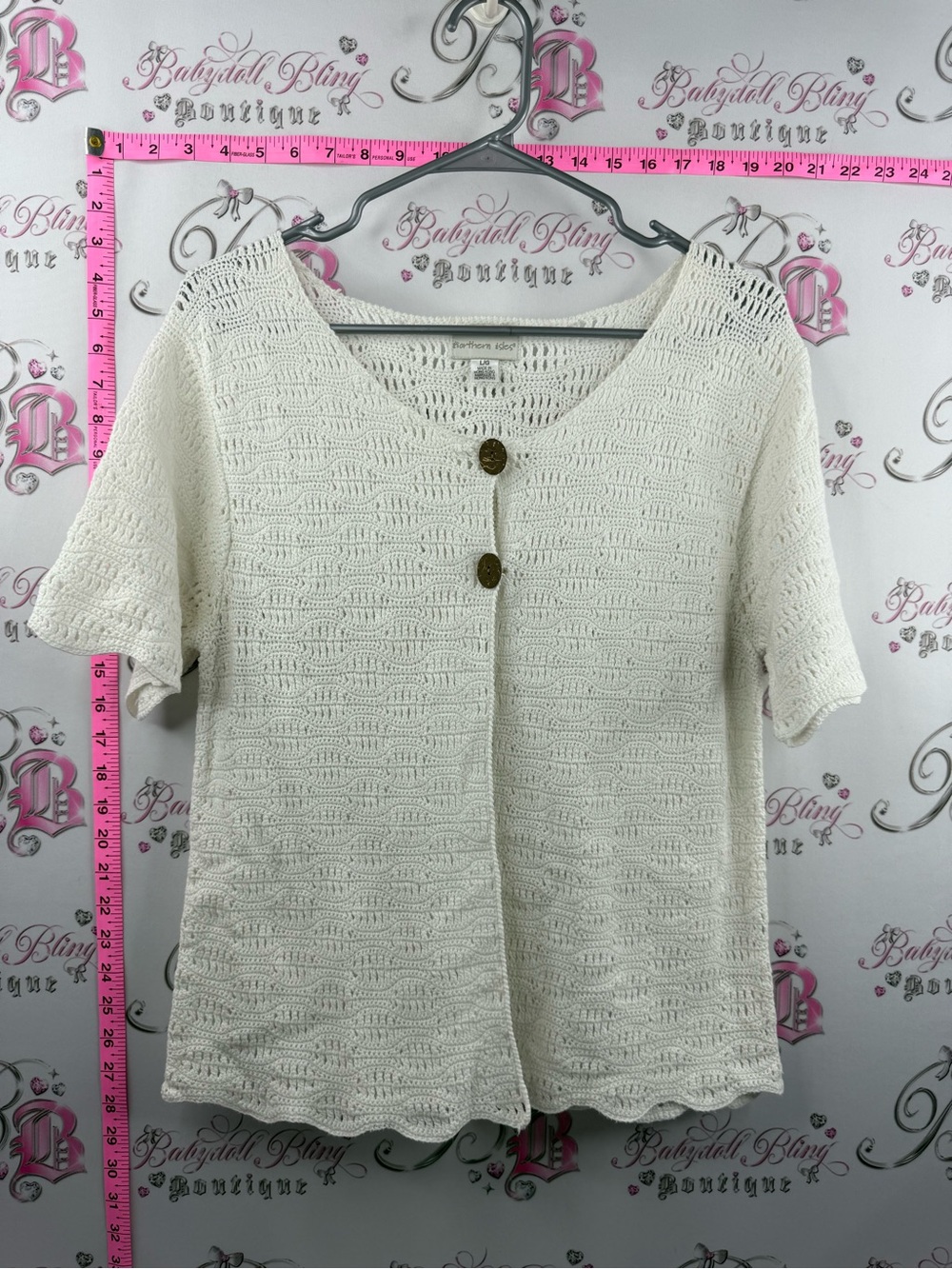 NORTHERN ISLES cardigan knit Crochet Button-Front Short Sleeve Top - White